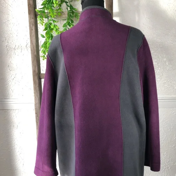 Susan Graver Fleece Purple Gray Long Button Up Coat Color. Block Trench Coat - Picture 6 of 16